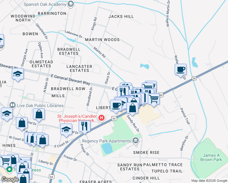 map of restaurants, bars, coffee shops, grocery stores, and more near 613 East General Stewart Way in Hinesville