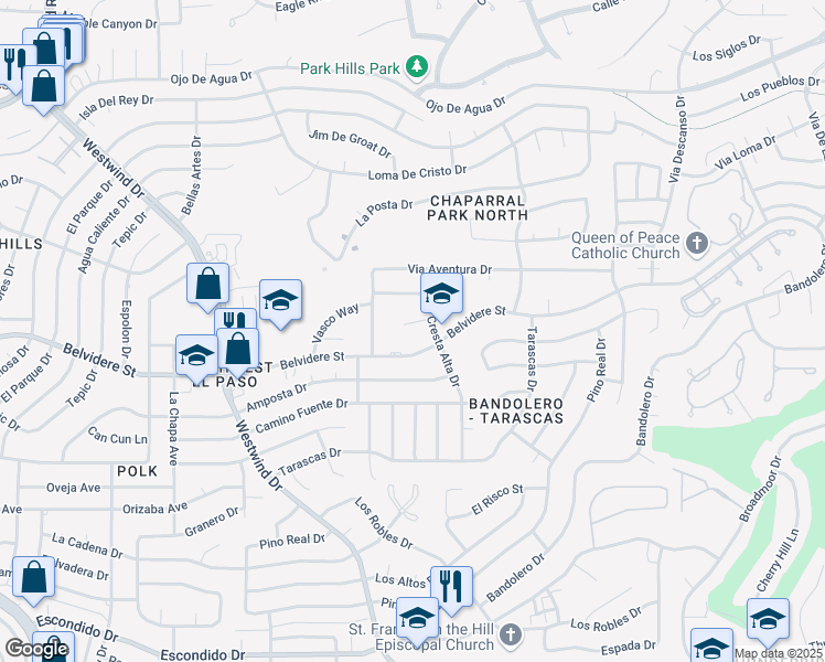 map of restaurants, bars, coffee shops, grocery stores, and more near 6408 Via De Albur Court in El Paso