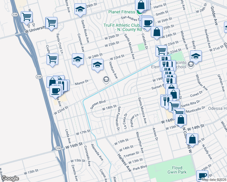 map of restaurants, bars, coffee shops, grocery stores, and more near 1909 San Fernando Drive in Odessa