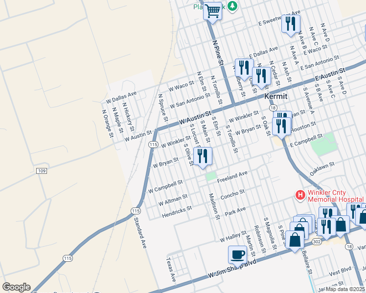 map of restaurants, bars, coffee shops, grocery stores, and more near 208 South Olive Street in Kermit