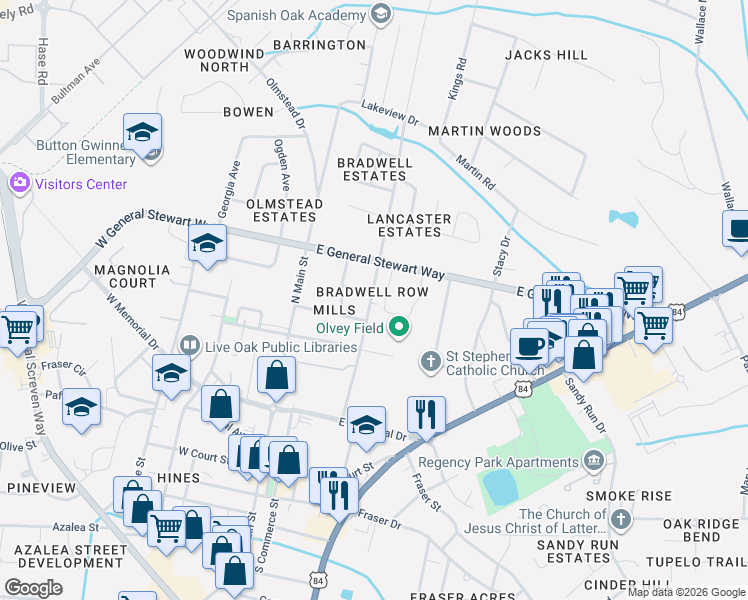 map of restaurants, bars, coffee shops, grocery stores, and more near 408 Bradwell Street in Hinesville