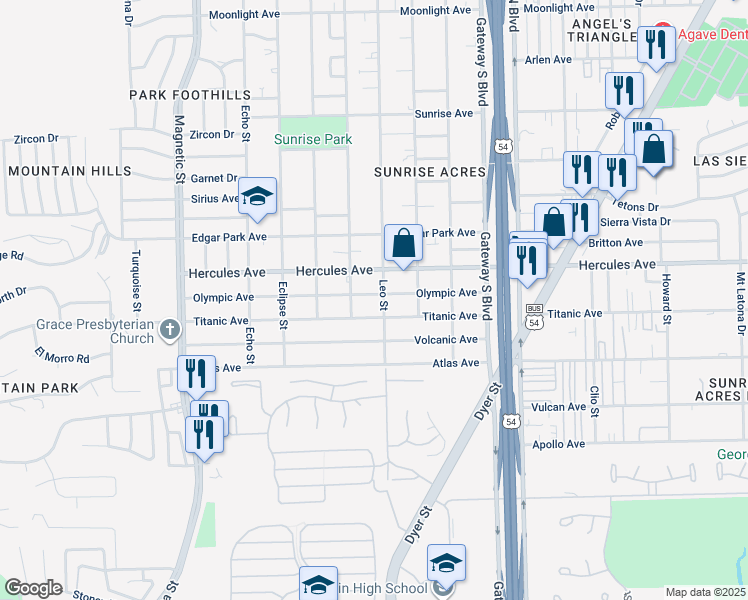 map of restaurants, bars, coffee shops, grocery stores, and more near 3916 Olympic Avenue in El Paso