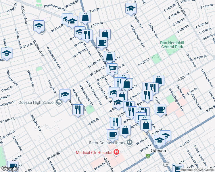 map of restaurants, bars, coffee shops, grocery stores, and more near 1121 North Lee Avenue in Odessa