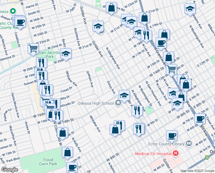 map of restaurants, bars, coffee shops, grocery stores, and more near 1511 Dotsy Ave in Odessa