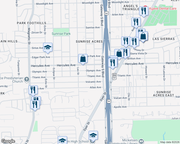 map of restaurants, bars, coffee shops, grocery stores, and more near 4128 Olympic Avenue in El Paso