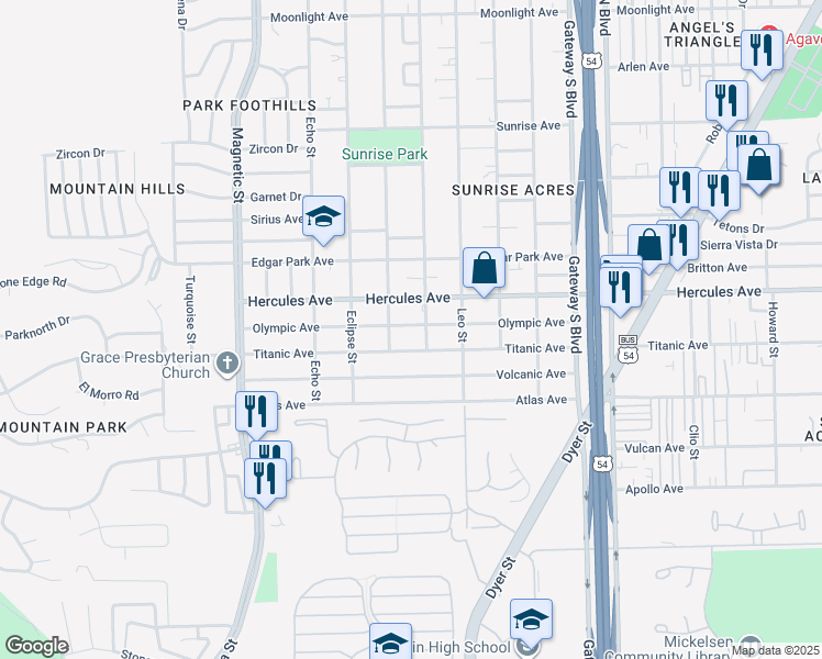 map of restaurants, bars, coffee shops, grocery stores, and more near 3820 Olympic Avenue in El Paso