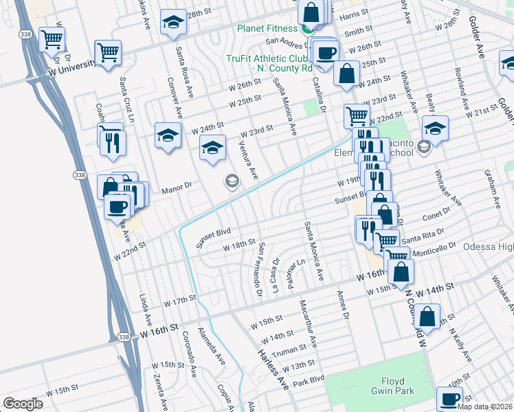 map of restaurants, bars, coffee shops, grocery stores, and more near 1909-1911 San Fernando Drive in Odessa