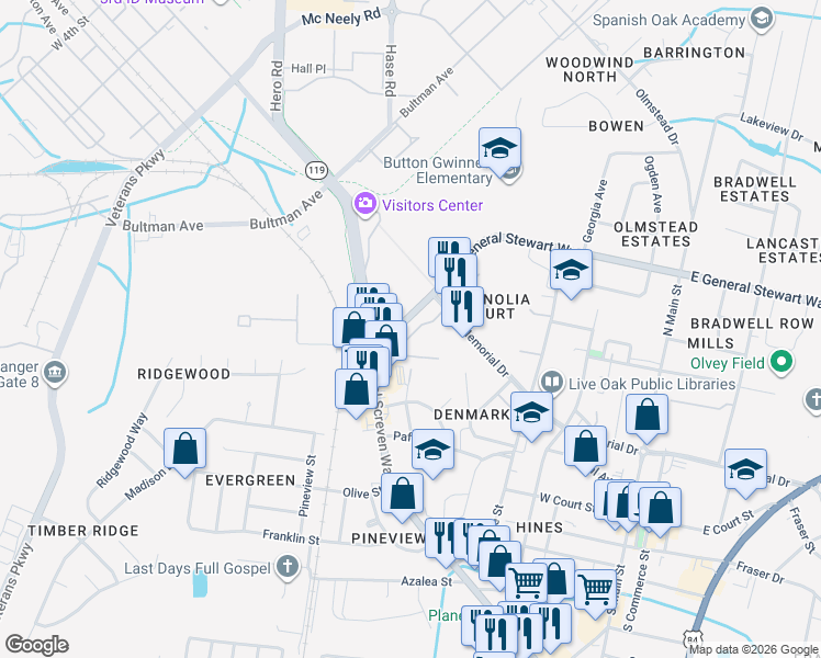 map of restaurants, bars, coffee shops, grocery stores, and more near 319 Beverly Street in Hinesville