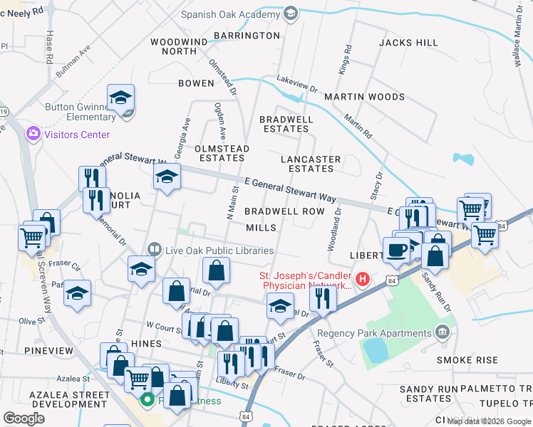 map of restaurants, bars, coffee shops, grocery stores, and more near 506 Lecount Street in Hinesville