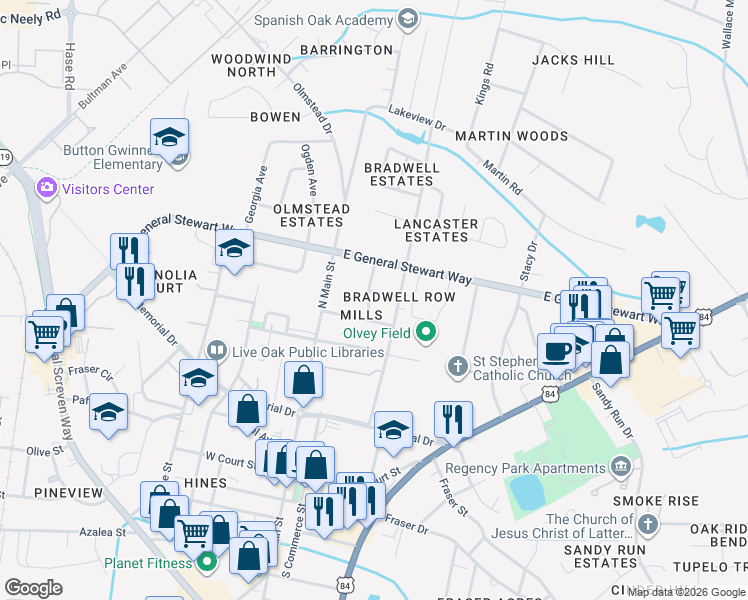 map of restaurants, bars, coffee shops, grocery stores, and more near 506 Lecount Street in Hinesville