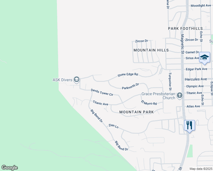map of restaurants, bars, coffee shops, grocery stores, and more near 3004 Park North Drive in El Paso