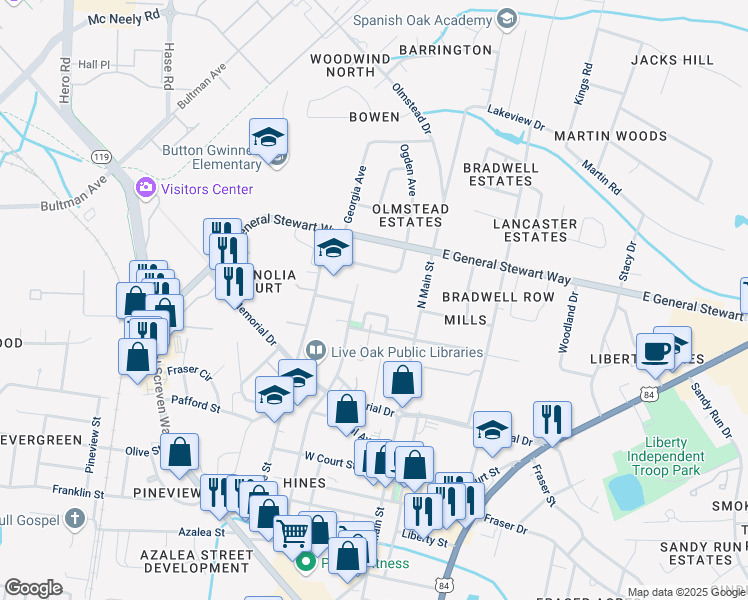 map of restaurants, bars, coffee shops, grocery stores, and more near 506 Tarver Street in Hinesville