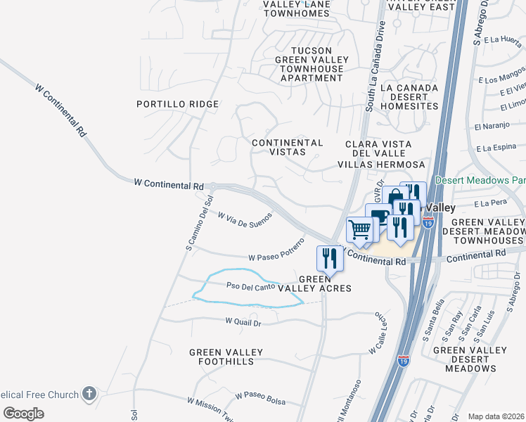 map of restaurants, bars, coffee shops, grocery stores, and more near 615 West Continental Road in Green Valley