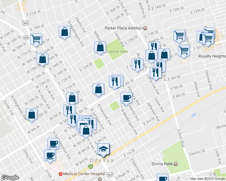 map of restaurants, bars, coffee shops, grocery stores, and more near 605 East 8th Street in Odessa