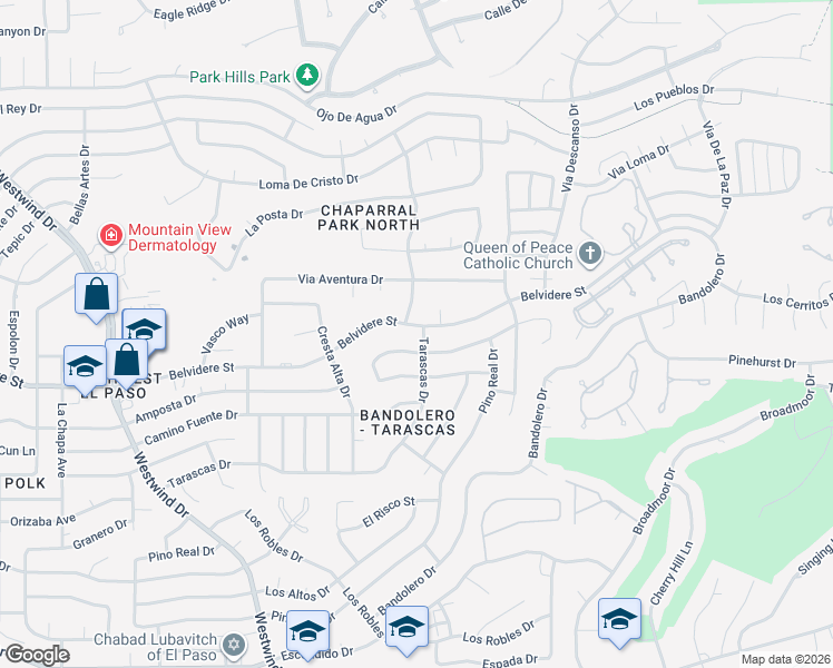 map of restaurants, bars, coffee shops, grocery stores, and more near 1352 Belvidere Street in El Paso