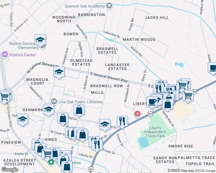 map of restaurants, bars, coffee shops, grocery stores, and more near 408 Bradwell Street in Hinesville