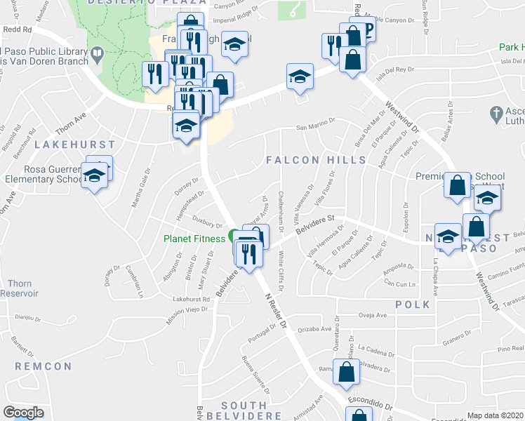 map of restaurants, bars, coffee shops, grocery stores, and more near 7205 Meriden Lane in El Paso