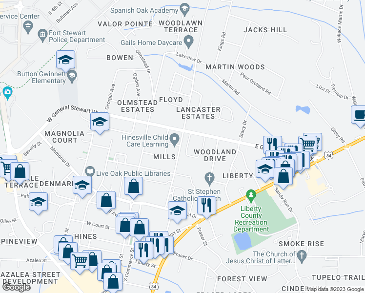 map of restaurants, bars, coffee shops, grocery stores, and more near 500 Bradwell Street in Hinesville