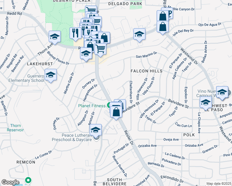 map of restaurants, bars, coffee shops, grocery stores, and more near 7232 Rochester Drive in El Paso
