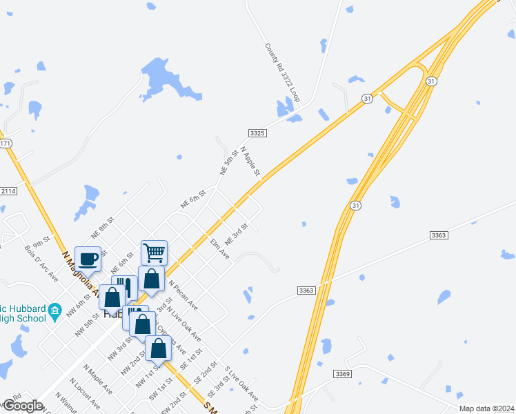 map of restaurants, bars, coffee shops, grocery stores, and more near 907 Northeast 3rd Street in Hubbard