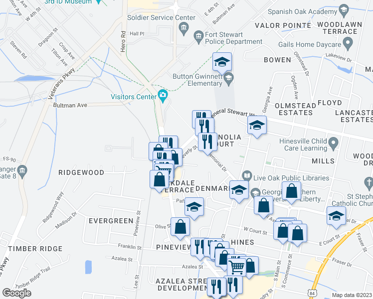 map of restaurants, bars, coffee shops, grocery stores, and more near 319 Beverly Street in Hinesville