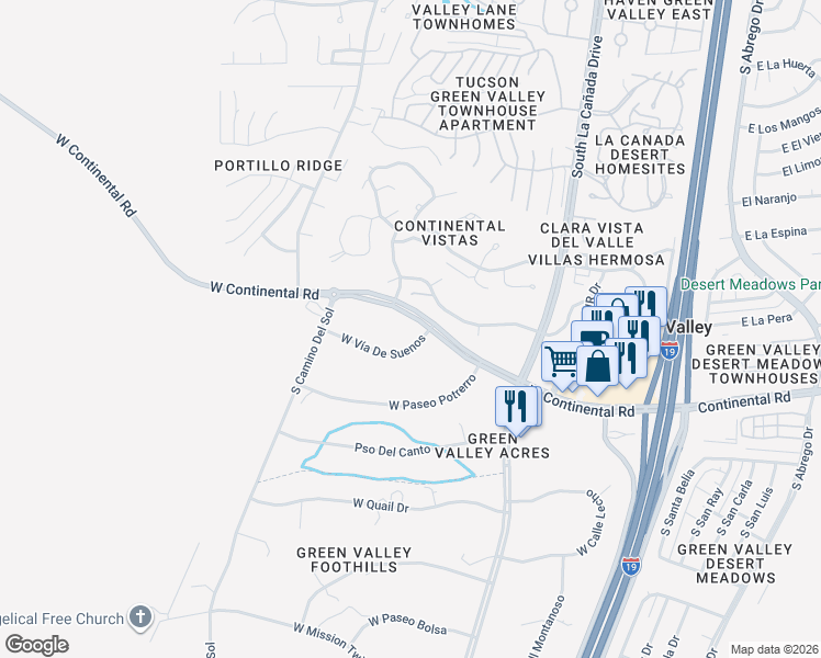 map of restaurants, bars, coffee shops, grocery stores, and more near 615 West Continental Road in Green Valley