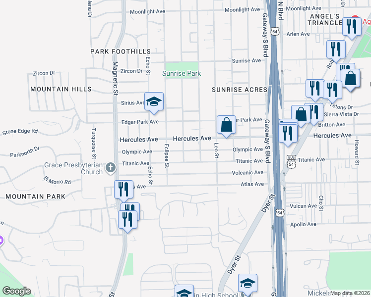 map of restaurants, bars, coffee shops, grocery stores, and more near 3820 Olympic Avenue in El Paso