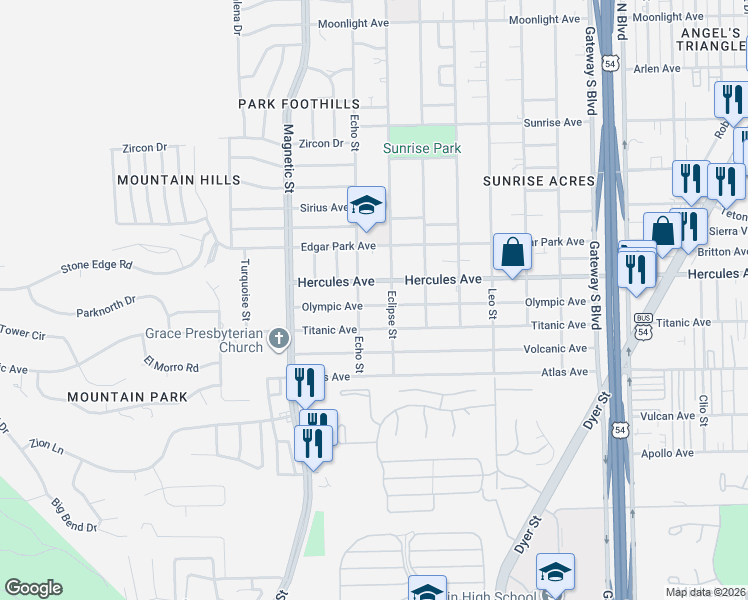 map of restaurants, bars, coffee shops, grocery stores, and more near 3625 Olympic Avenue in El Paso