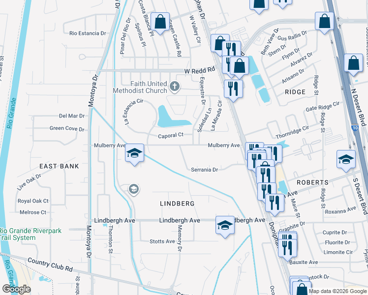 map of restaurants, bars, coffee shops, grocery stores, and more near 335 Serrania Drive in El Paso