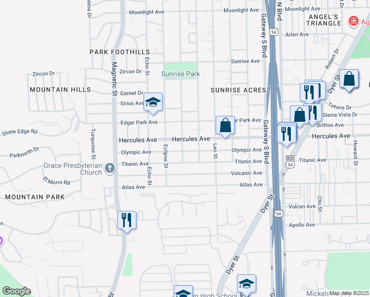 map of restaurants, bars, coffee shops, grocery stores, and more near 3820 Olympic Avenue in El Paso