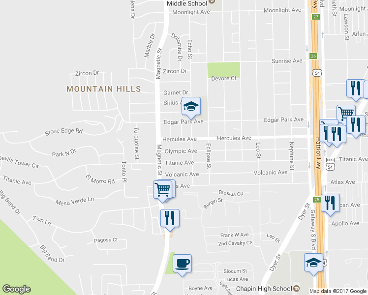 map of restaurants, bars, coffee shops, grocery stores, and more near 3505 Olympic Avenue in El Paso