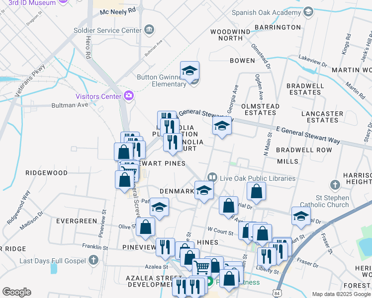 map of restaurants, bars, coffee shops, grocery stores, and more near 224 Magnolia Plantation Court in Hinesville