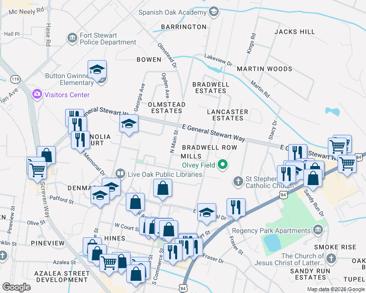 map of restaurants, bars, coffee shops, grocery stores, and more near 506 North Main Street in Hinesville