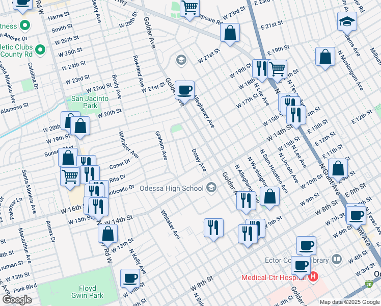 map of restaurants, bars, coffee shops, grocery stores, and more near 1511 Dotsy Avenue in Odessa