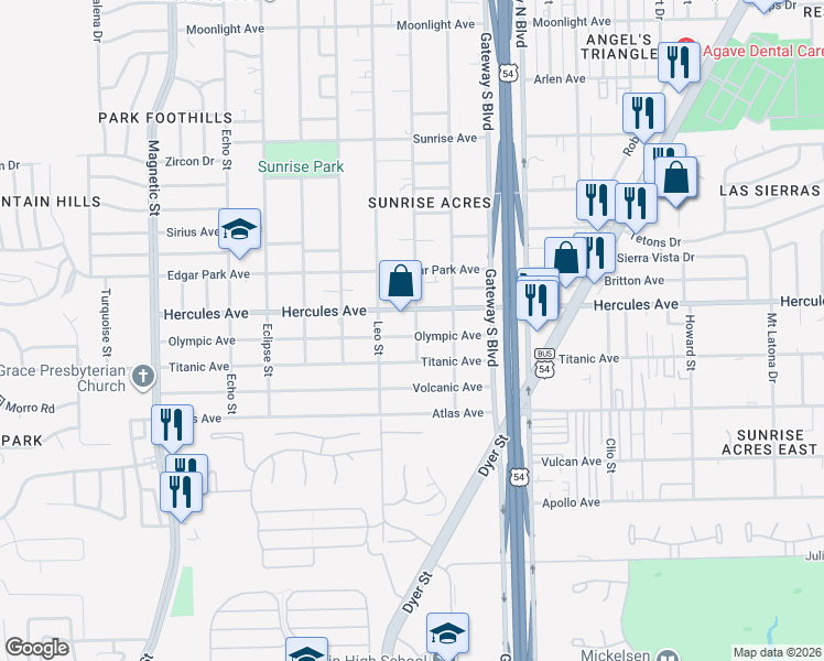 map of restaurants, bars, coffee shops, grocery stores, and more near 4020 Olympic Avenue in El Paso
