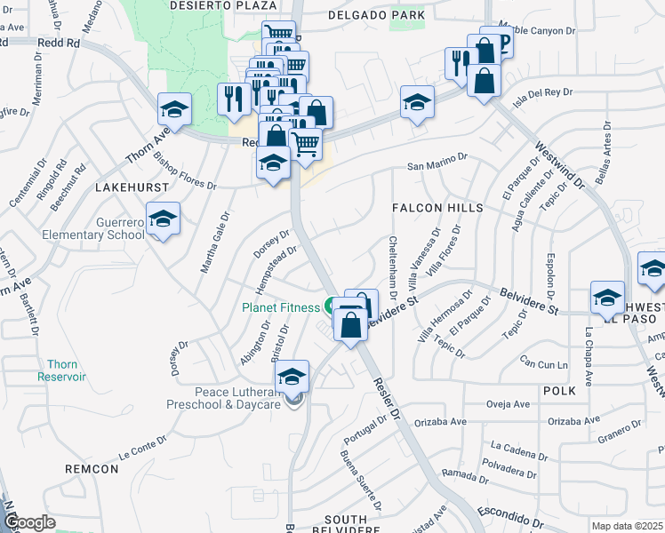 map of restaurants, bars, coffee shops, grocery stores, and more near 7232 Rochester Drive in El Paso
