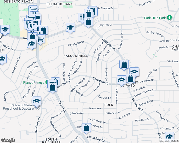 map of restaurants, bars, coffee shops, grocery stores, and more near 713 El Parque Drive in El Paso