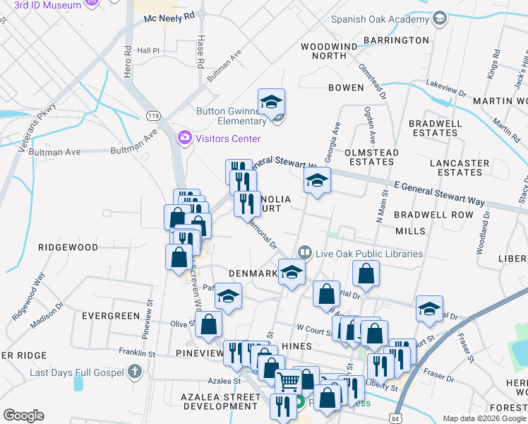 map of restaurants, bars, coffee shops, grocery stores, and more near 224 Magnolia Plantation Court in Hinesville