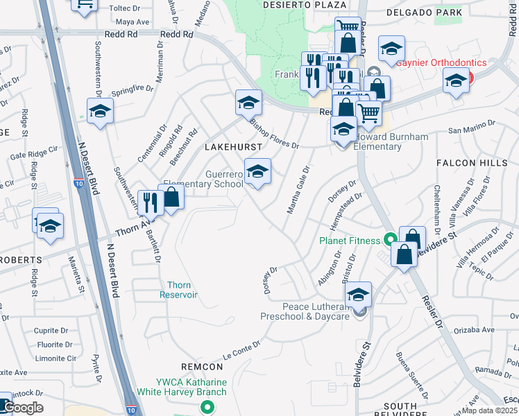 map of restaurants, bars, coffee shops, grocery stores, and more near 7530 Lakehurst Road in El Paso