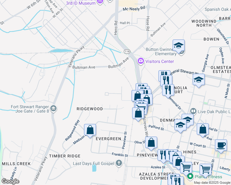 map of restaurants, bars, coffee shops, grocery stores, and more near 601 Saunders Avenue in Fort Stewart