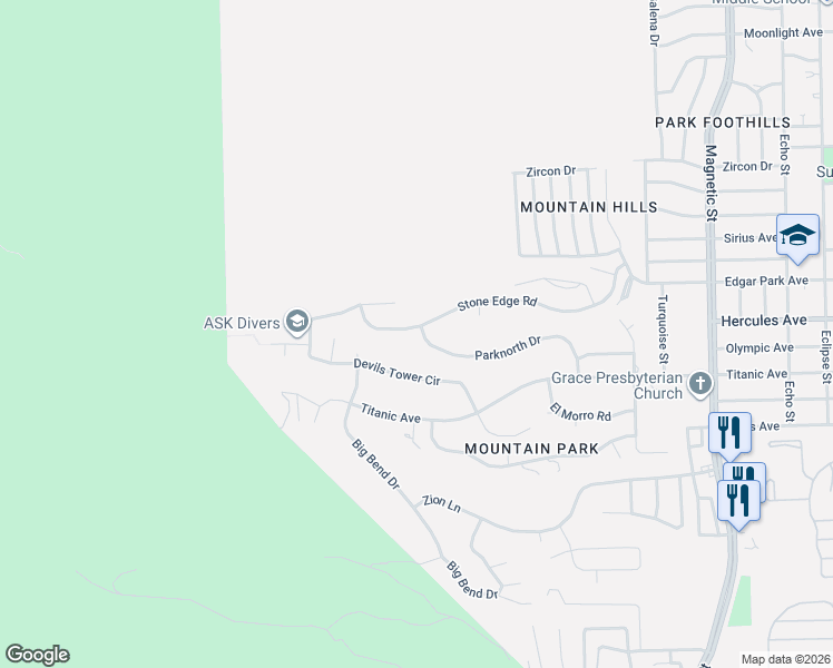 map of restaurants, bars, coffee shops, grocery stores, and more near 3004 Park North Drive in El Paso