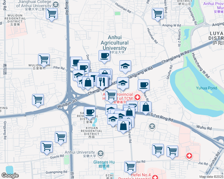 map of restaurants, bars, coffee shops, grocery stores, and more near 189 Chang Jiang Xi Lu in He Fei Shi