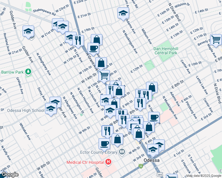 map of restaurants, bars, coffee shops, grocery stores, and more near in Odessa
