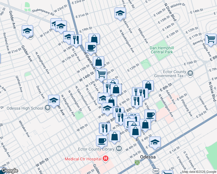 map of restaurants, bars, coffee shops, grocery stores, and more near in Odessa