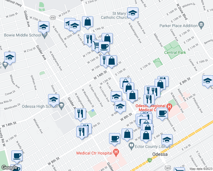 map of restaurants, bars, coffee shops, grocery stores, and more near 1207 North Lee Avenue in Odessa