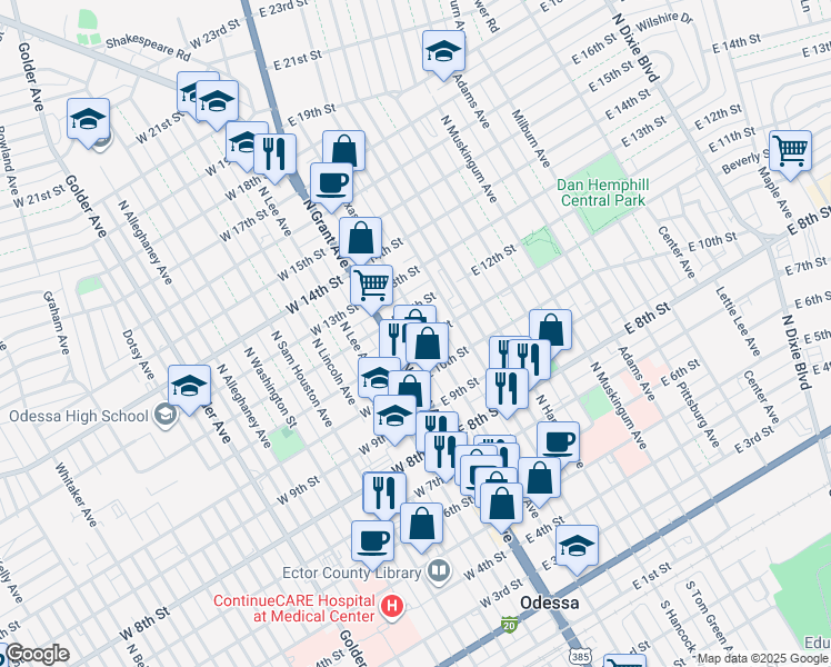 map of restaurants, bars, coffee shops, grocery stores, and more near in Odessa