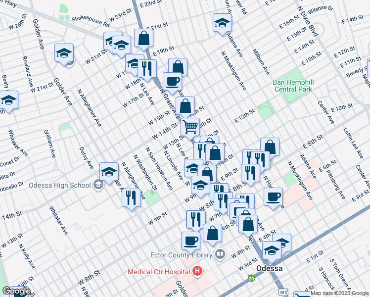 map of restaurants, bars, coffee shops, grocery stores, and more near 1121 North Lee Avenue in Odessa