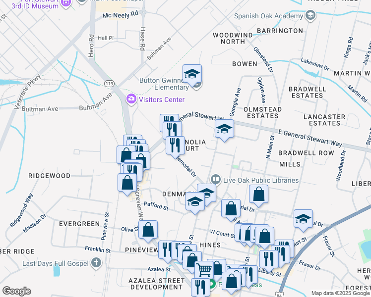 map of restaurants, bars, coffee shops, grocery stores, and more near 224 Magnolia Plantation Court in Hinesville
