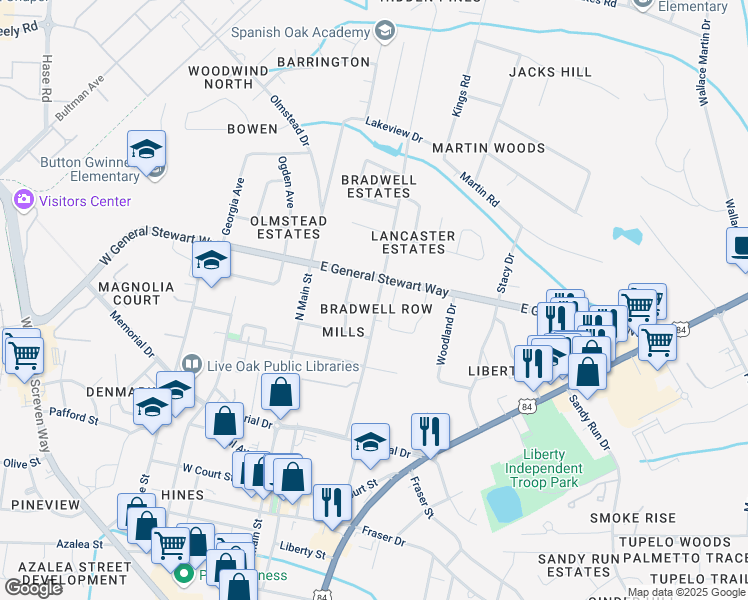 map of restaurants, bars, coffee shops, grocery stores, and more near 501 Bradwell Street in Hinesville