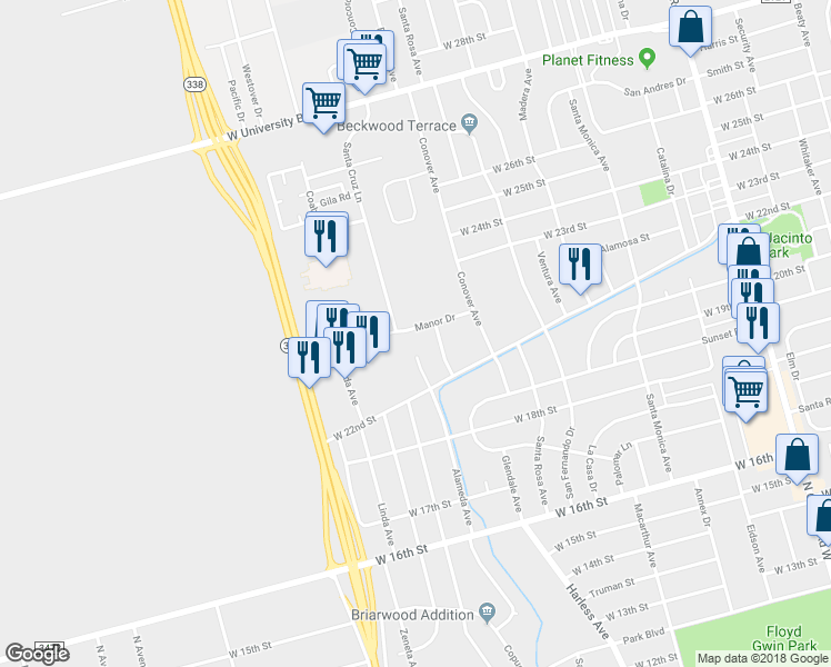 map of restaurants, bars, coffee shops, grocery stores, and more near 1909 Manor Drive in Odessa